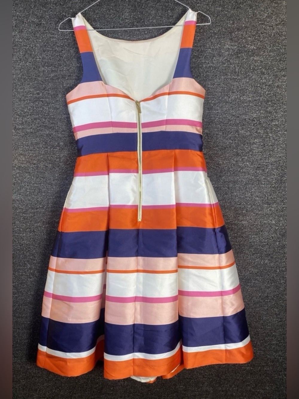 Eliza J Sleeveless Striped Satin Fit & Flare Dress in Navy, Coral, Pink & White - Picture 3 of 6